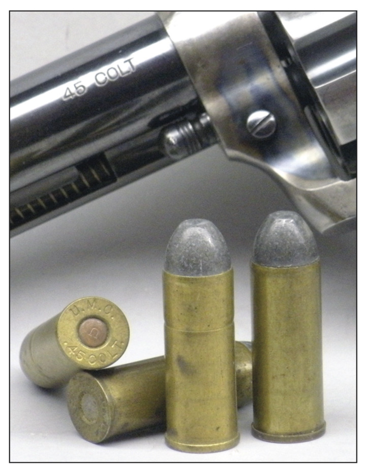 Elmer Keith was a lifelong fan of the UMC post-1880 .45 Colt load with a 250-grain flatnose conical lead bullet (right) seated over 40 grains of black powder, sans cannelure, or the equivalent smokeless load (left), distinguished by the cannelure at the base of the bullet.